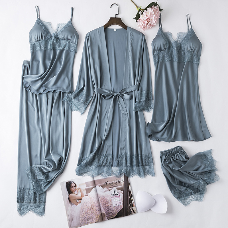 Pajamas Women's Spring and Autumn Long-sleeved Ice Silk Nightgown Lace Sling Nightgown Five-piece Suit with Chest Pad Home Clothes