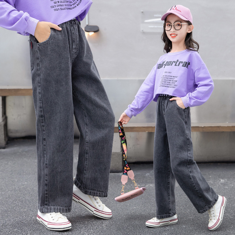 Foreign Trade Wholesale Girls' Jeans Autumn and Winter Western Style Autumn Trousers Children's fleece-lined Wide Leg Pants Korean Style