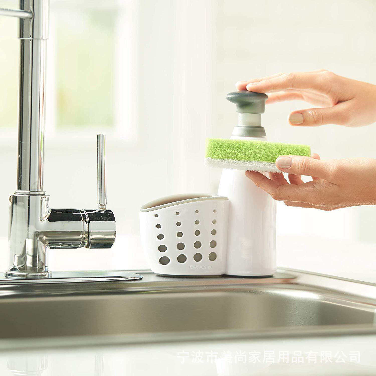 Dispensador de Jabón a Presión 350 ml de Plástico con Esponja para Fregadero de Cocina