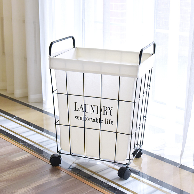 Cesta de almacenamiento con ruedas de hierro forjado, cesta para la ropa sucia, cesta vintage para juguetes con tapa, cesta para la ropa sucia del baño, contenedor para la ropa sucia.