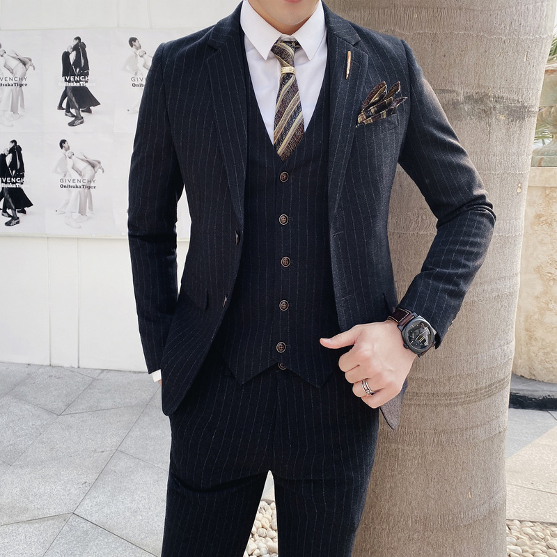 Spring Men's Stripesd Long-Sleeved Suit, Slim Fit Korean Style Formal Two-Button Groom's Dress Three-Piece Set