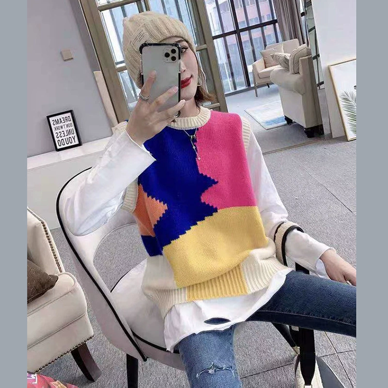 Трансграничный новый цветной свитер свитер пуловер жилет 2024 осень зима корейская мода свободная эластичная