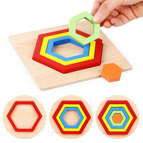 Wholesale rainbow geometric shape cognitive scratching board 0.13 children's wooden three-dimensional block puzzle educational toy