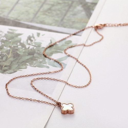 18K Rose Gold Four-Leaf Clover Necklace for Women, Titanium Steel Pendant—Unique, Minimalist, Elegant Clavicle Chain—Perfect 7th Night Gift, Versatile Design