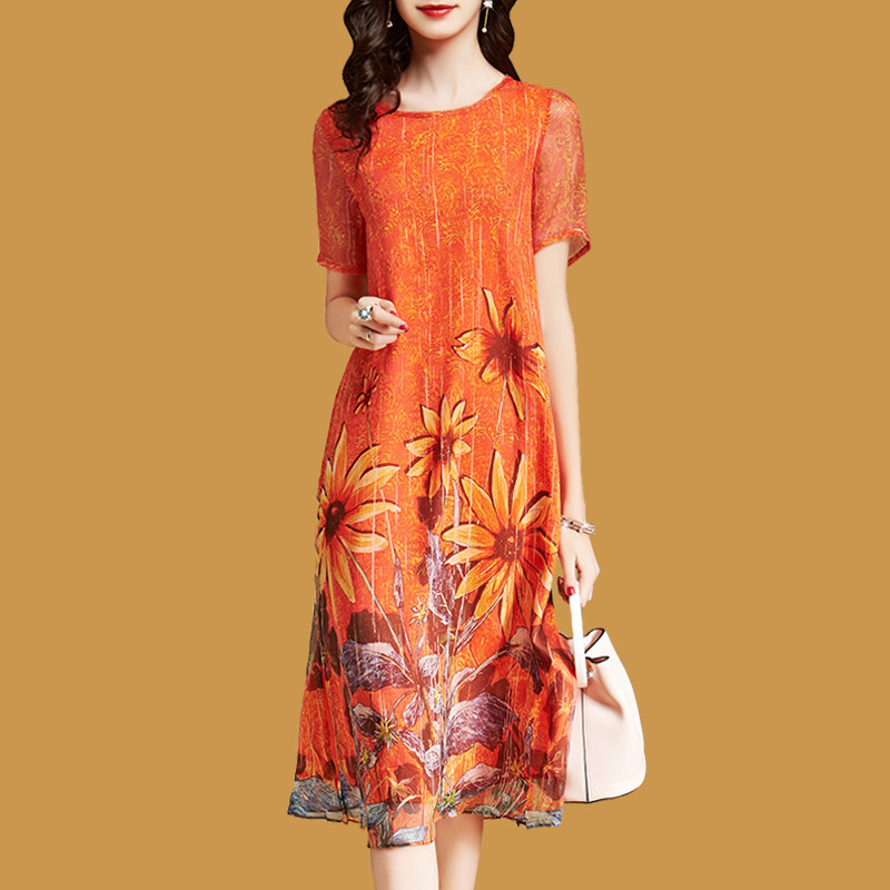 095 dress Women's Spring and Summer Loose Silk-like Print Mid-length Over-the-knee Cross-border Beach Dress