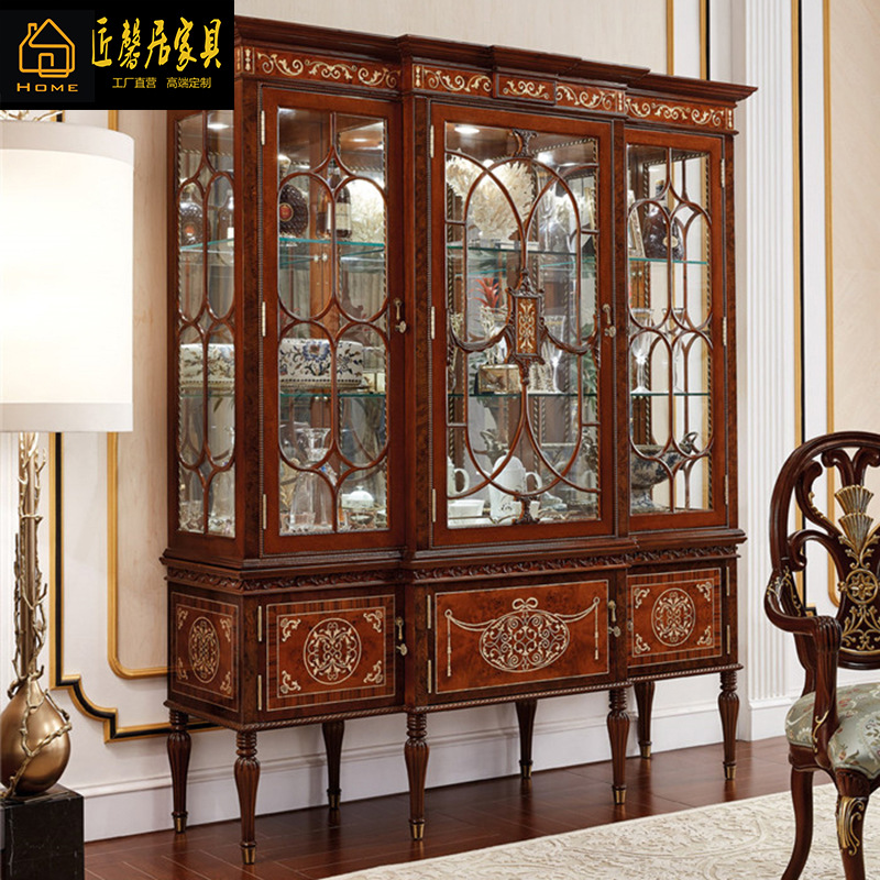 Alexander British Mahogany Solid Wood Shell Inlaid Three-Door Wine Cabinet Light Luxury Storage Wine Cabinet Red Wine Cabinet