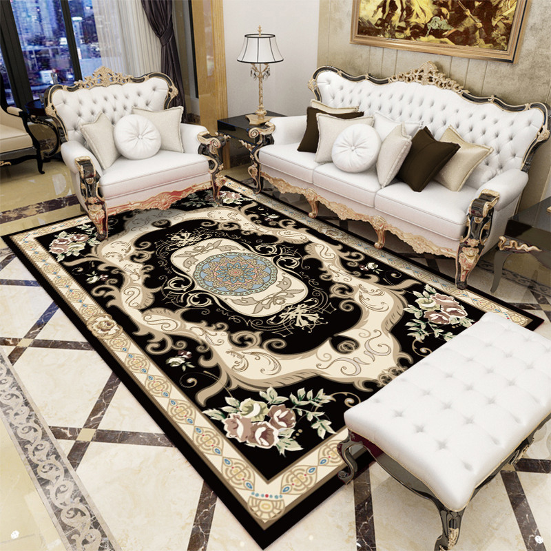 Alfombras de estilo europeo para venta al por mayor transfronteriza, alfombras de gran superficie para salas de estar, alfombras para sofá y mesa de centro, alfombras de fácil cuidado para alojamientos.