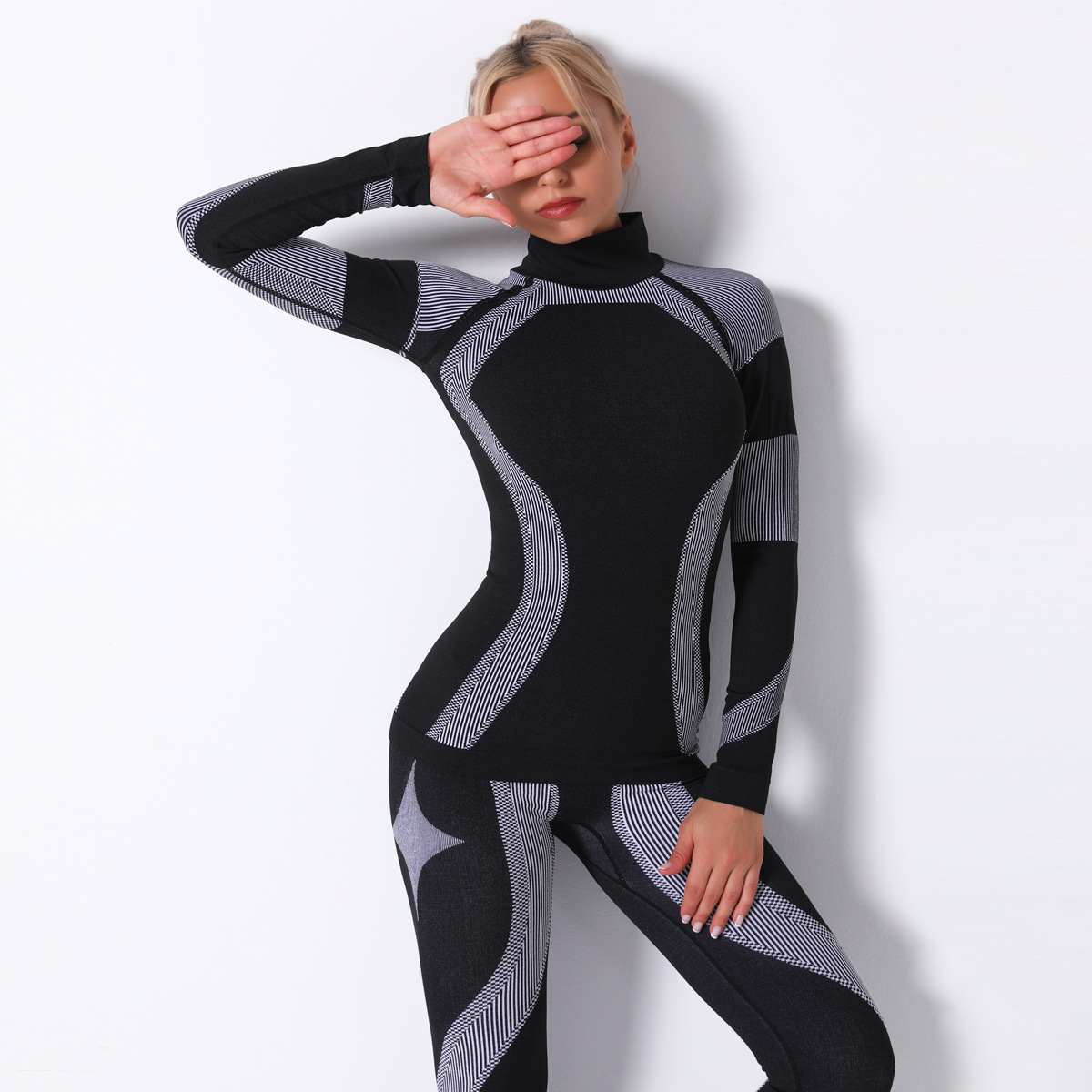 Liquidación: Top de yoga sexy de punto sin costuras, estilo europeo y americano, con rayas, de secado rápido, manga larga, para deportes, running y fitness.