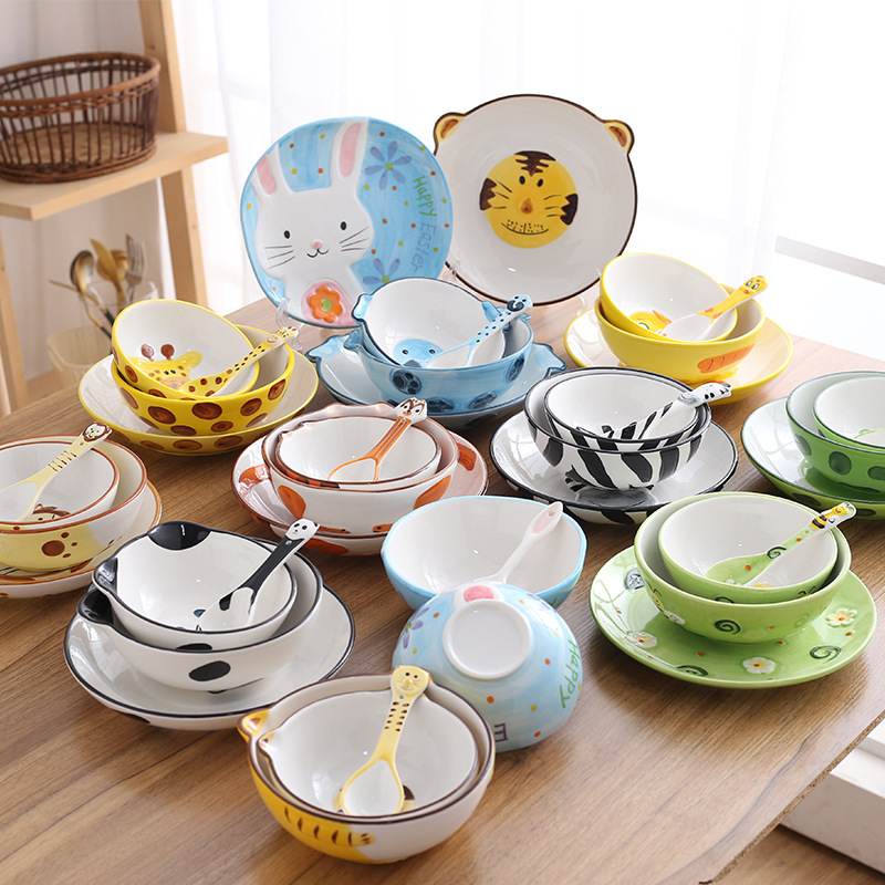 Japanese Style Cartoon Children's Rice Bowl suit Household Soup Bowl Salah Bowl Noodle Bowl Hand-painted Underglaze Color Ceramic Rice Bowl Tableware