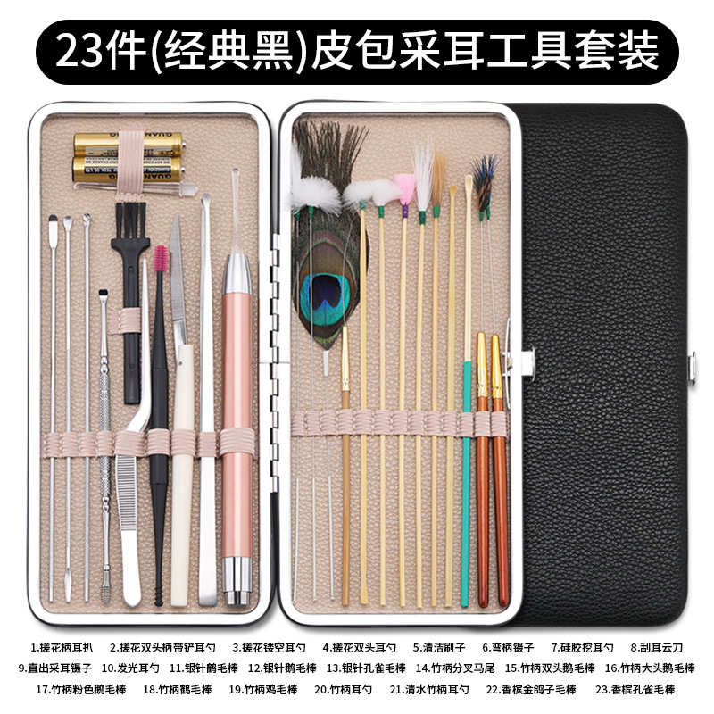 Fábrica en stock oreja recoger limpieza del oído cera limpieza pluma de ganso palo oreja recogiendo el color del pelo caja de madera oreja recogiendo herramienta traje