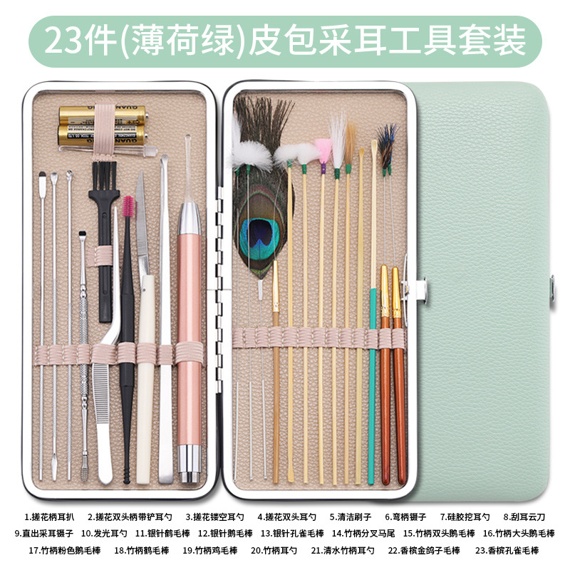 Fábrica en stock oreja recoger limpieza del oído cera limpieza pluma de ganso palo oreja recogiendo el color del pelo caja de madera oreja recogiendo herramienta traje