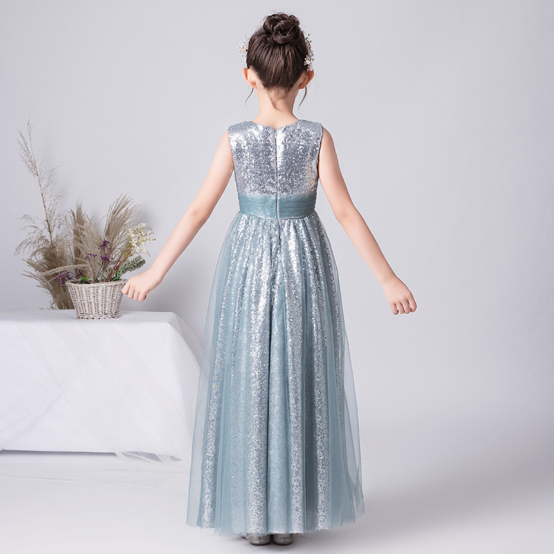 Prinzessinnenkleid für Kinder, silbergrau, hochwertiges Polyester, Bühnenkostüm für ältere Kinder, ideal für Geigenvorträge und andere Anlässe_voghion.com
