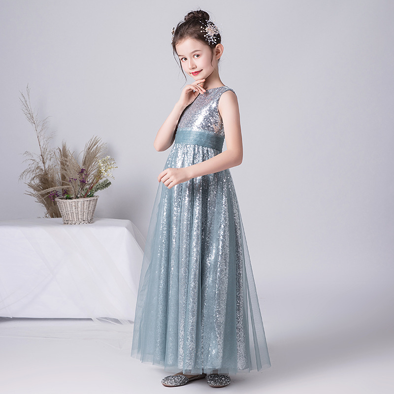 Prinzessinnenkleid für Kinder, silbergrau, hochwertiges Polyester, Bühnenkostüm für ältere Kinder, ideal für Geigenvorträge und andere Anlässe_voghion.com