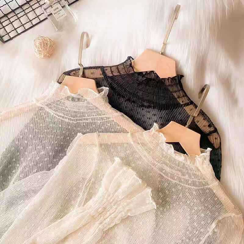 Mesh Top Women's Wave Point Perspective Yarn Clothes Pressed Pleated High Neck Lace Base Shirt Long Sleeve Transparent Tulle Clothes