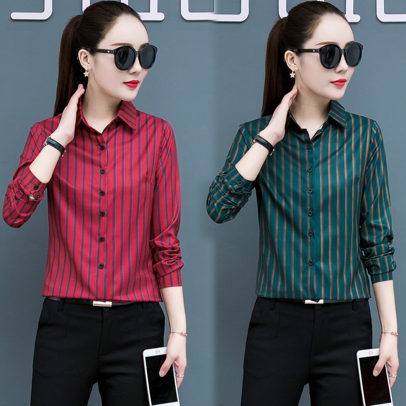Striped Shirt for Women, Long-Sleeved, 2026 Spring and Autumn, Slim-Fit White Blouse, Chiffon Top, Elegant Commuter Style