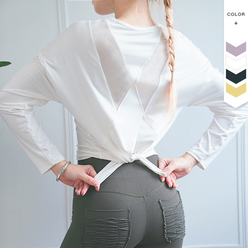 2024 New Mesh Breathable Yoga Top Women's Long Sleeve Outdoor Running Sports T-Shirt Cross Back Fitness Wear