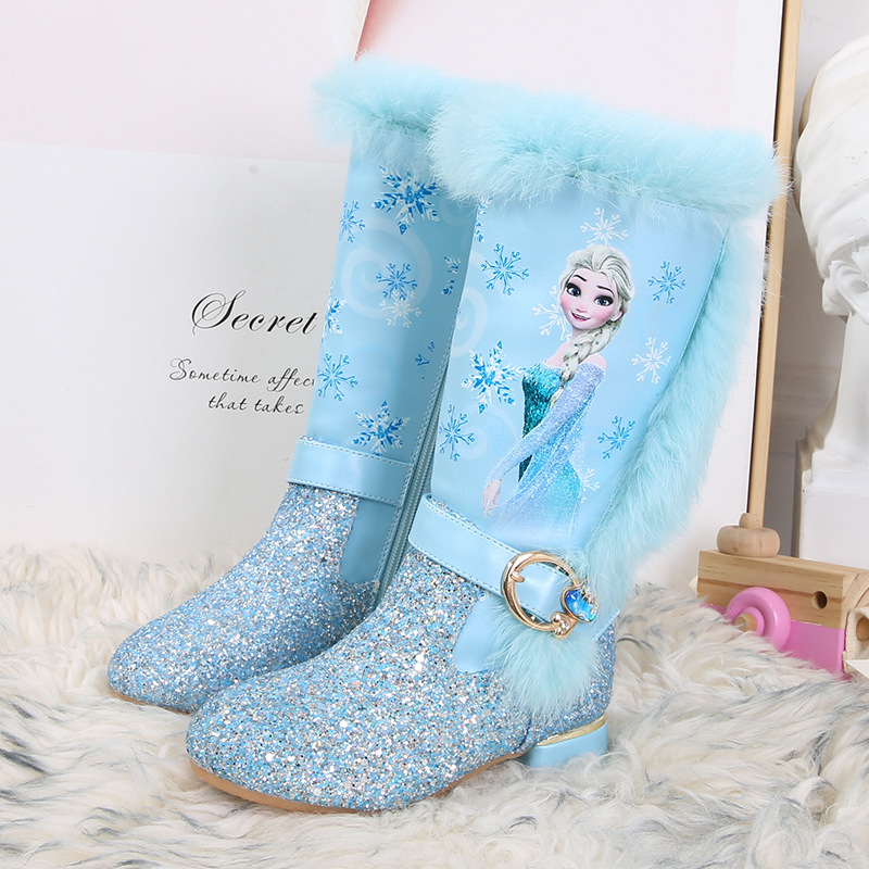 Girls high-heeled boots autumn and winter new children's high-top plus velvet snow boots Princess Elsa boots one piece drop shipping