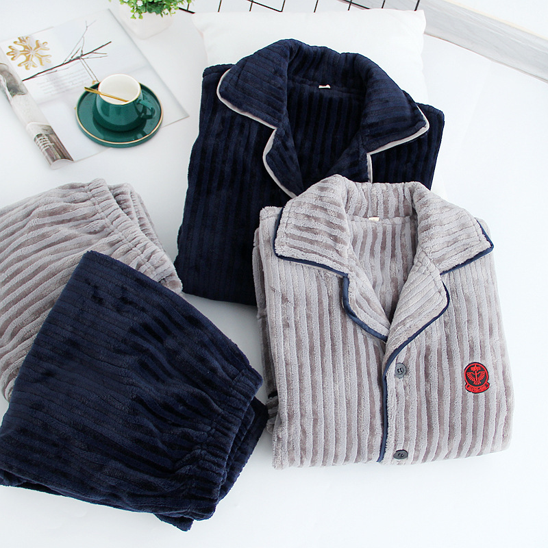 Men's Simple Flannel Home Clothes Large Size Warm Pajamas Thickened Autumn and Winter Pajamas Pajamas Men's Pajamas Cover