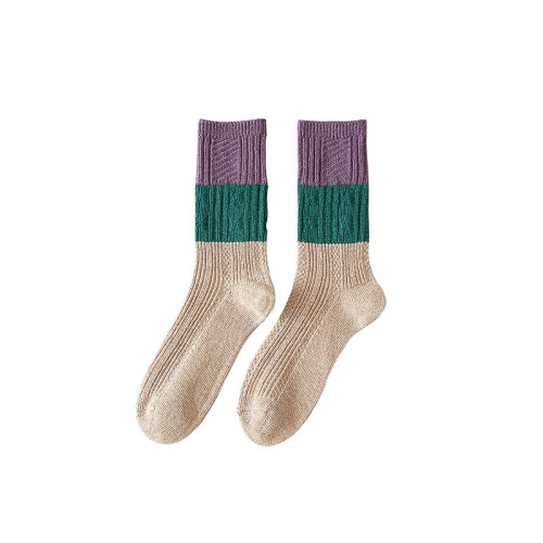 Autumn and winter socks, women's mid-calf socks, Japanese thick-needle color-matching ladies' pile socks, retro warm Zhuji cotton socks wholesale