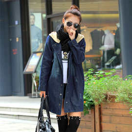 好质量春秋欧洲站时尚中长款连帽宽松直筒牛仔风衣外套女一件代发