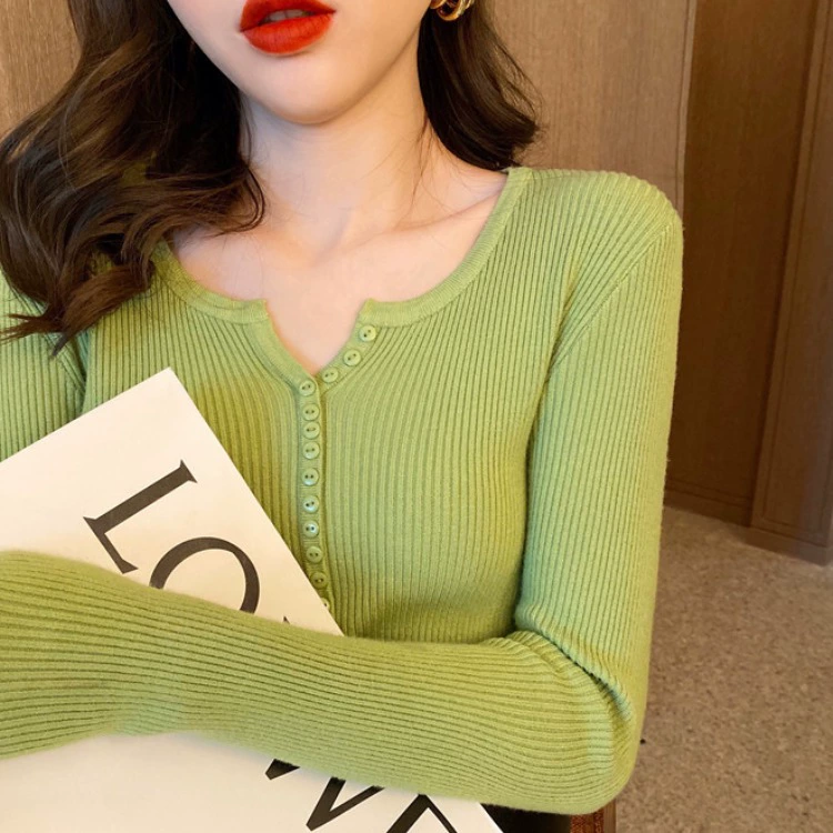 Женский свитер с V-образным вырезом, модная новинка весна-осень 2025, приталенный базовый топ, модный трикотажный свитер на пуговицах