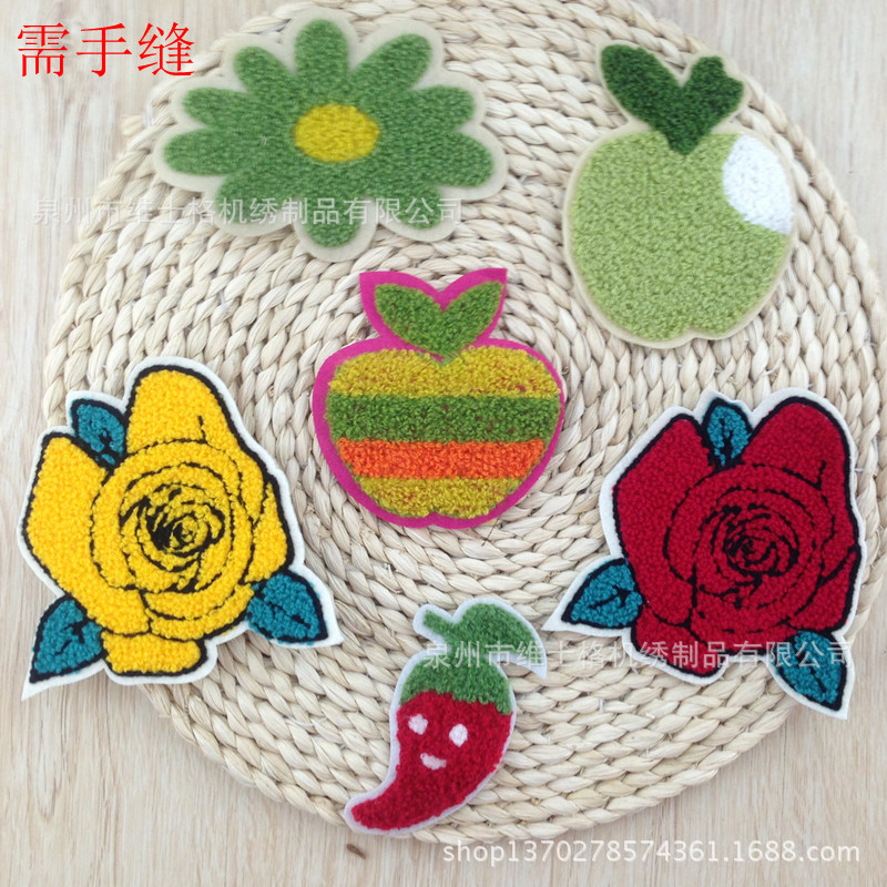 厂家直销可爱小熊花朵款批发毛巾绣苹果红色玫瑰花衣服缝补丁绣花