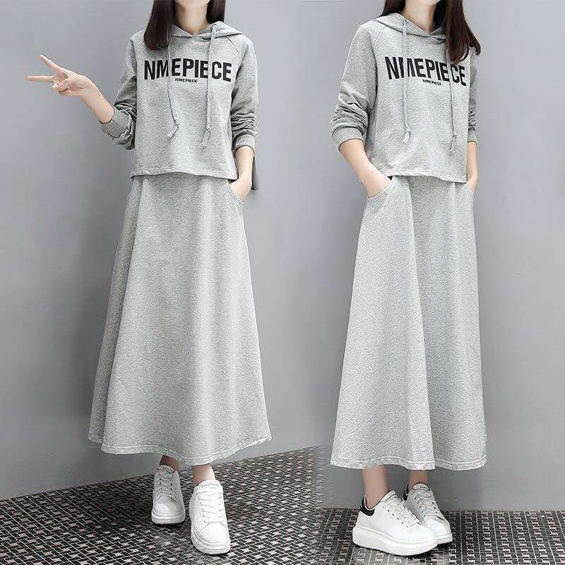 Hong Kong style retro suit skirt women's slim all-match temperament hooded long sleeve T-shirt women's dress two-piece wholesale