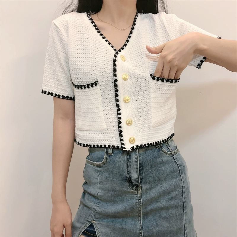 Летный_knit кардиган с V-образным вырезом, отделка в стиле шанель, укороченный приталенный силуэт для подростков