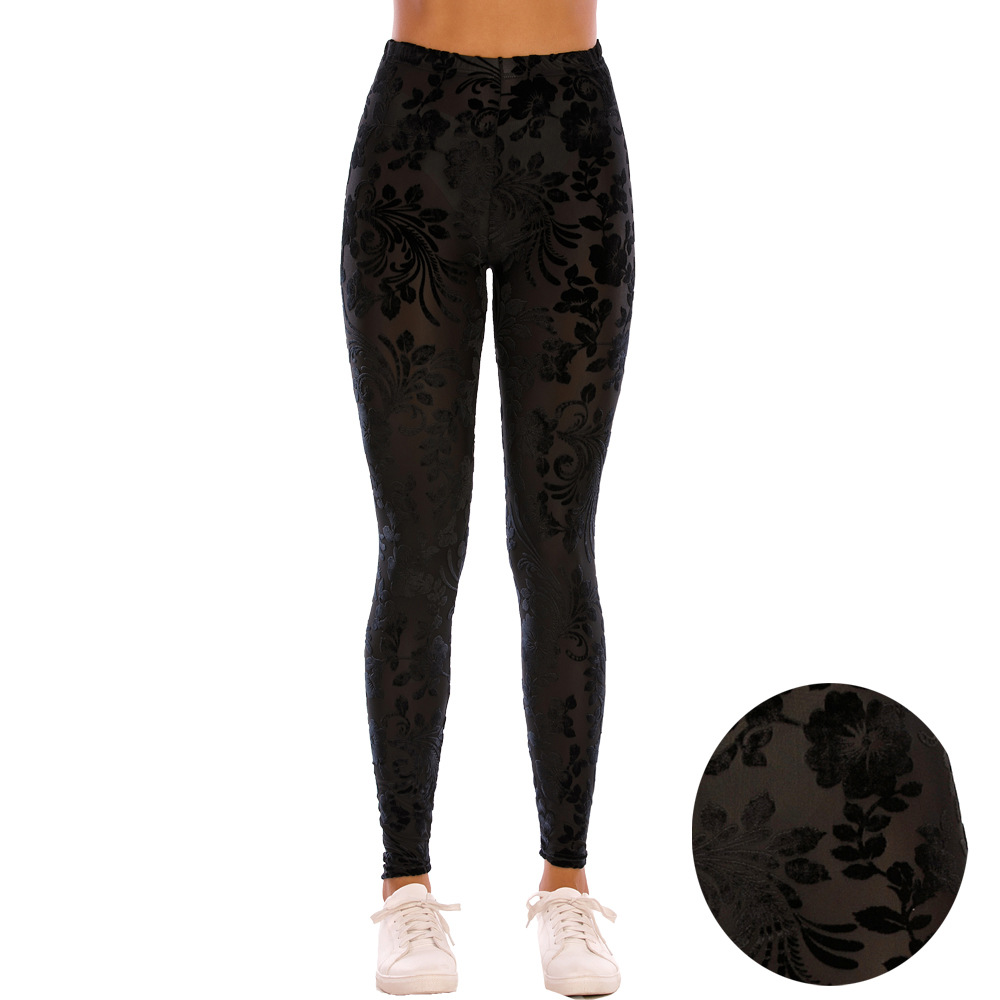 Ebay Amazon Factory Outlet Black Gold Velvet Burned Flower Slim High Waist Perspective Sports Yoga Pants Leggings