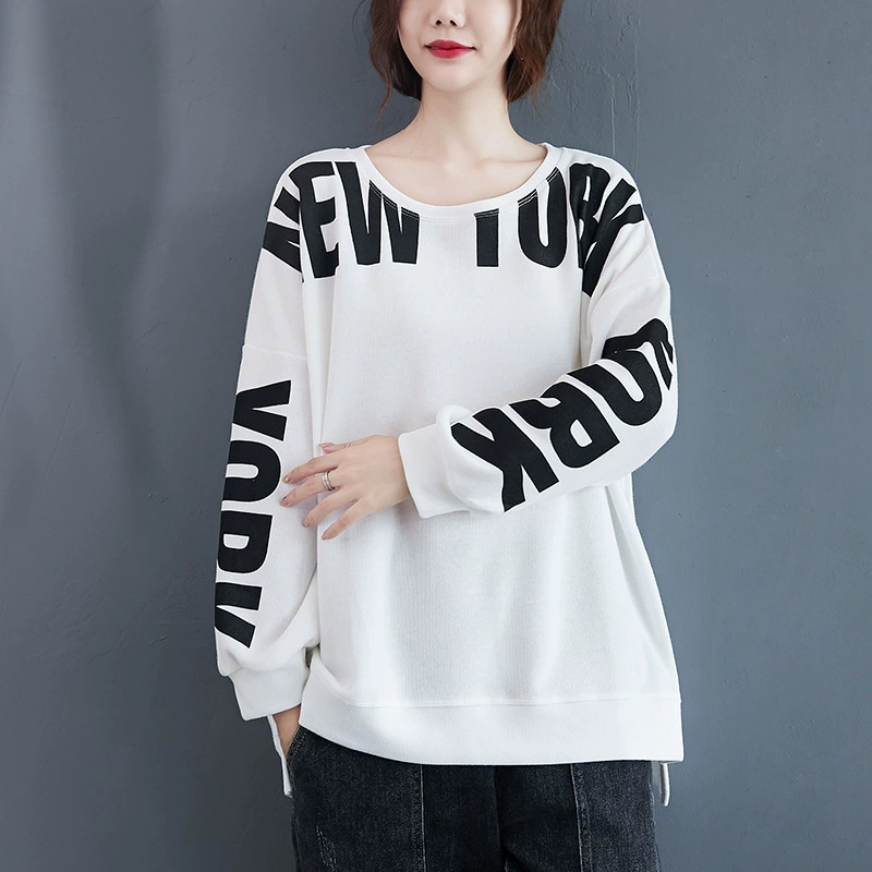 2023 Весна и осень, новый женский топ больших размеров в Корейском стиле с буквенным принтом, повседневный свободный свитер с круглым вырезом для полных девочек