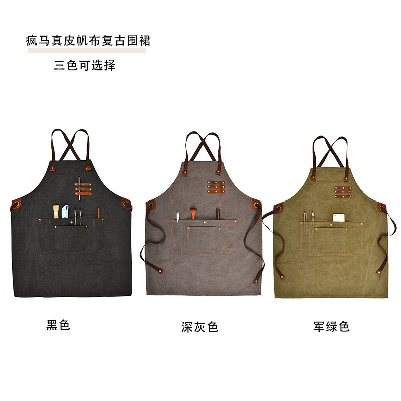 Retro Crazy Horse first layer leather canvas apron factory wholesale barista denim men's and women's work clothes printing