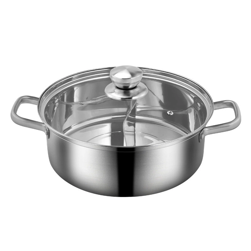 Hot pot, 304 stainless steel divided two‑flavor pot, glass lid, 26–32 cm, induction compatible