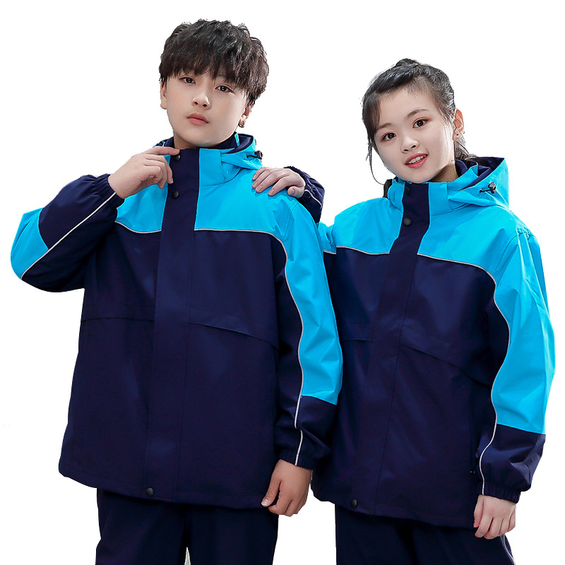 新款儿童冲锋衣户外三合一两件套秋冬季防水拼接撞色长袖校服印字
