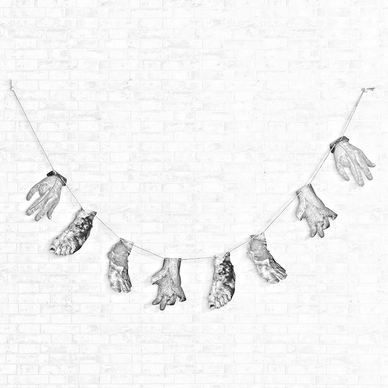 Halloween PVC hanging decorations — blood knife garland, severed hands/feet, stickers and warning tape