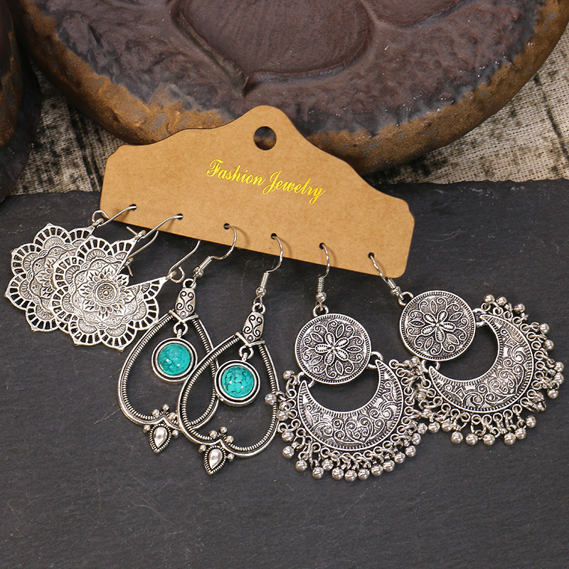 Cross-border hot sale suit tassel earrings European and American exaggerated jewelry three pairs earrings combination ethnic style jewelry wholesale