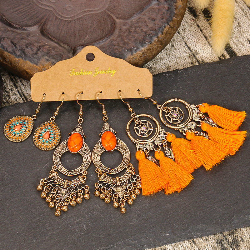 Cross-border hot sale suit tassel earrings European and American exaggerated jewelry three pairs earrings combination ethnic style jewelry wholesale