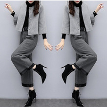 2025新款女装秋冬大码两件套裤毛呢短外套阔腿裤休闲时尚套装女潮