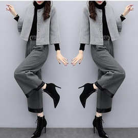 2025新款女装秋冬大码两件套裤毛呢短外套阔腿裤休闲时尚套装女潮