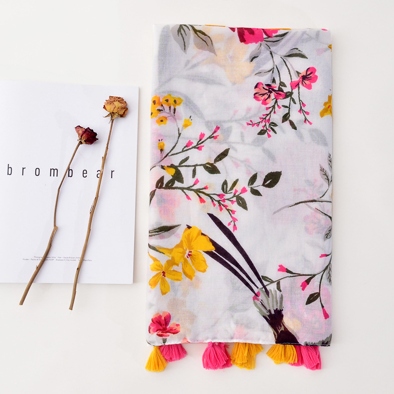 Nuevo japonés y coreano Comercio exterior Exportación pájaro impreso bufanda de algodón y lino pequeño fresco largo suave Toalla de playa protector solar chal