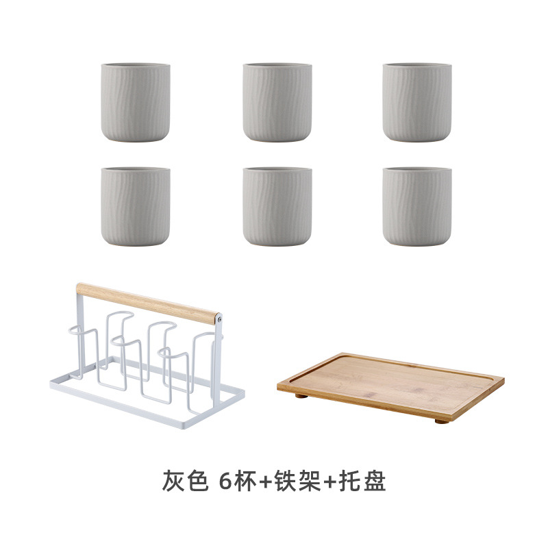 Seis tazas + Marco de hierro + bandeja de bambú-Gris