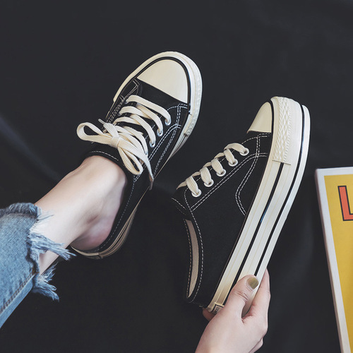 Heightened half slippers 2024 summer and autumn heelless canvas shoes for female students Korean version versatile breathable thick sole 6066