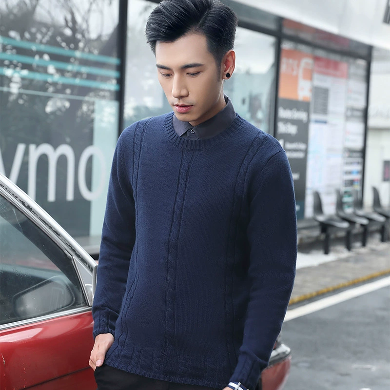 Свитер Мужской пуловер с круглым вырезом Осень-зима Узкий однотонный хлопковый свитер Модный молодежный Мужской свитер с длинными рукавами