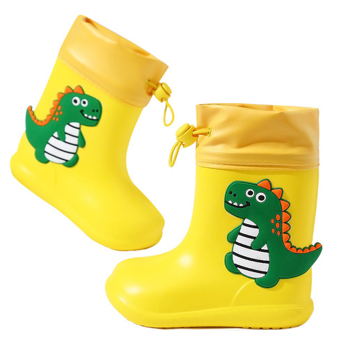 Children's winter warm rain boots, small dinosaur, non-slip, waterproof, velvet rain boots, children's cartoon boys and girls saliva-binding shoes