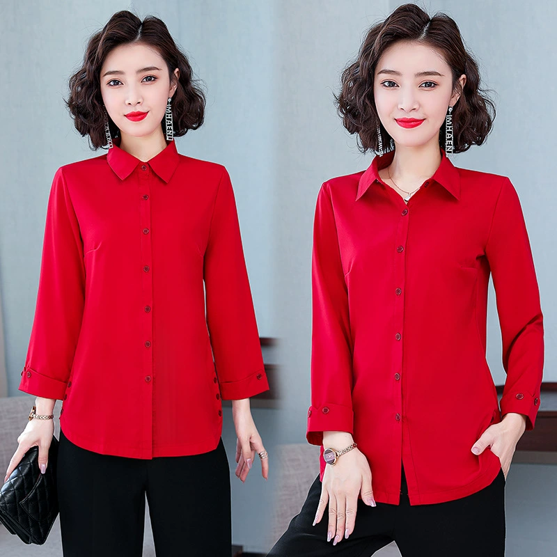 Spring autumn burgundy body-friendly shirt for mother, western style, for middle age, plus size