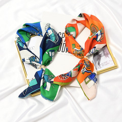 【手工印花】韓版復古防曬絲巾職業百搭小方巾頭巾女裝飾領巾髮帶