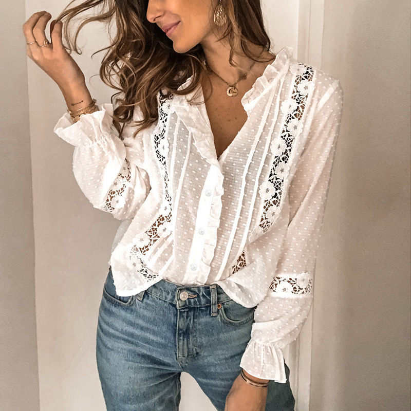 2024 European and American Autum New Ins Style Trumpet Sleeves Cotton Splicing Pure Color Casual Popular Elegant Shirt for Women 2024 European and American Autum New Ins Style Trumpet Sleeves Cotton Splicing Pure Color Casual Popular Elegant Shirt for Women
