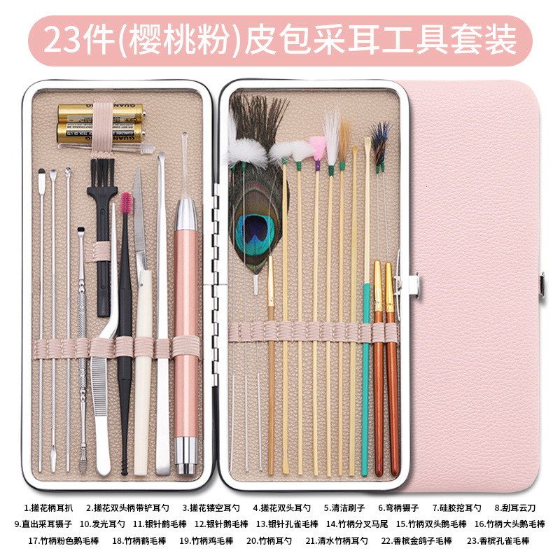 Fábrica en stock oreja recoger limpieza del oído cera limpieza pluma de ganso palo oreja recogiendo el color del pelo caja de madera oreja recogiendo herramienta traje