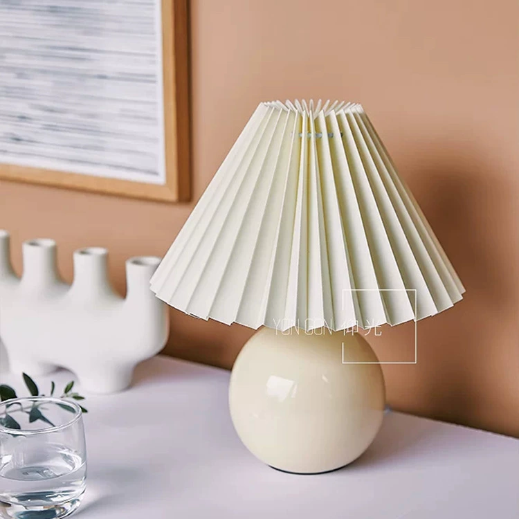 Table Lamp INS Retro Pleated Shade, Ceramic Base, USB/12W Options, Bedside Night Light