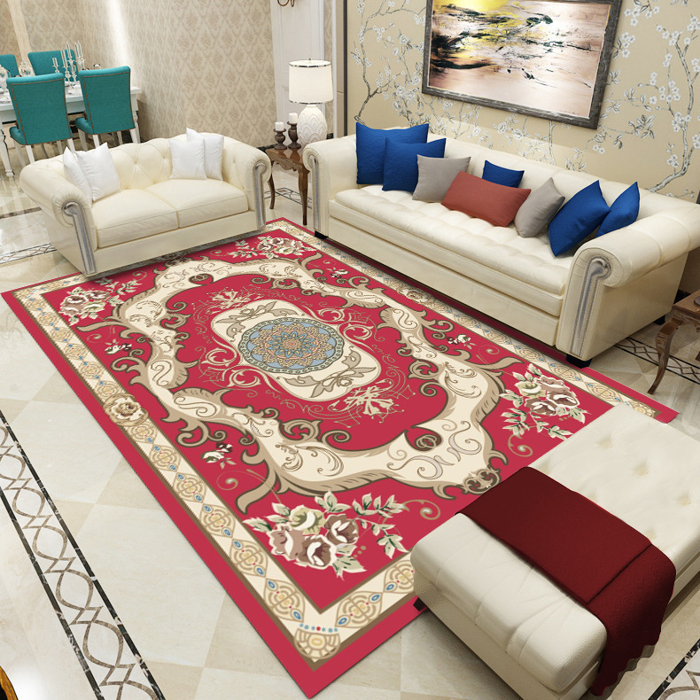 Alfombras de estilo europeo para venta al por mayor transfronteriza, alfombras de gran superficie para salas de estar, alfombras para sofá y mesa de centro, alfombras de fácil cuidado para alojamientos.