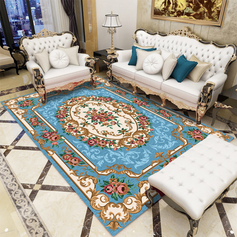 Alfombras de estilo europeo para venta al por mayor transfronteriza, alfombras de gran superficie para salas de estar, alfombras para sofá y mesa de centro, alfombras de fácil cuidado para alojamientos.
